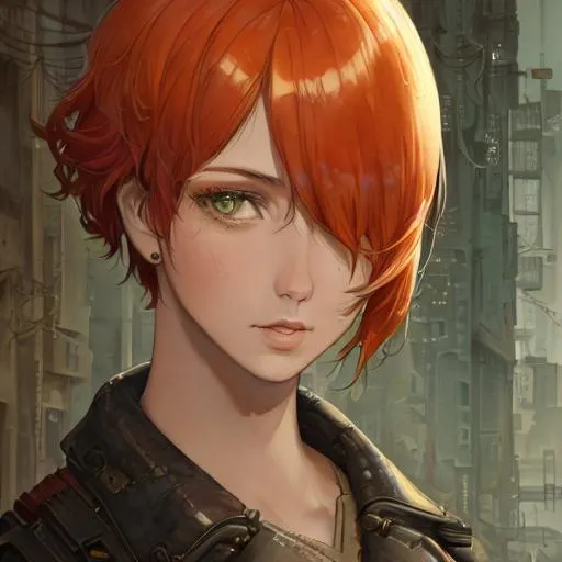 Prompt: portrait canvas, muted colors, watercolor style, vintage colors, by greg rutkowski, detailed, intricate face, detailed eyes, gentle tones, futuristic theme, cyberpunk theme, beautiful woman short orange hair, green eyes