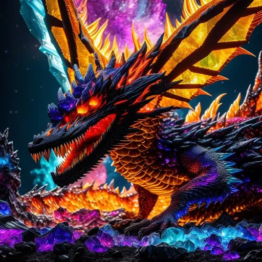 Prompt: (masterpiece, professional graphic art, epic digital art, best quality:1.5), insanely beautiful large ((etherion dragon)), (dragon quadruped), ice and fire elemental, rigid scales, mix of etherion fire and deadly ice crystals, proud, volcanic fire, antarctic frost, nova beam,((insanely detailed alert amethyst eyes, sharp focus eyes)), gorgeous 8k eyes, scaly neck ruff covered in fire,majestic figure, single tail with elegant scales, (plump), proud chest, enchanted, magical, finely detailed scales, hyper detailed scales, (soft silky insanely detailed scales), presenting magical jewel, moonlight beaming through clouds, standing majestically on a dias made of mixture of fire and ice elements, violent lightning, raging storm, cool colors, professional, symmetric, golden ratio, unreal engine, depth, volumetric lighting, rich oil medium, (brilliant auroras), (ice storm),(fire storm) full body focus, beautifully detailed background, cinematic, 64K, UHD, intricate detail, high quality, high detail, masterpiece, intricate facial detail, high quality, detailed face, intricate quality, intricate eye detail, highly detailed, high resolution scan, intricate detailed, highly detailed face, very detailed, high resolution