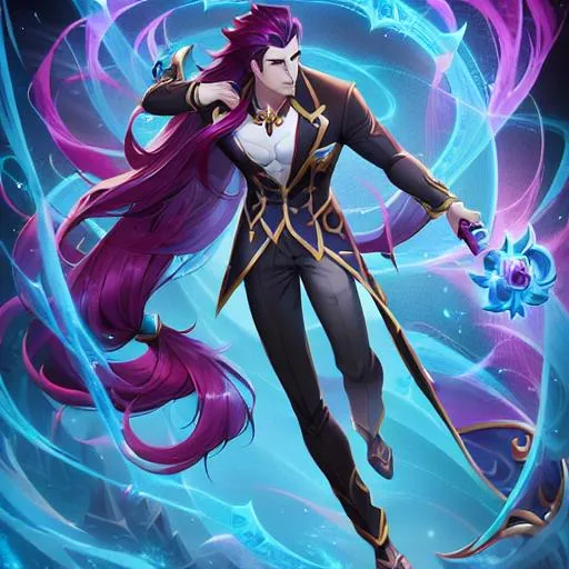 Prompt: detailed digital painting in the style of league of legends character portrait of attractive male with long hair. Full body image. official from riot games, fine face details, sharp eyes, elegant, twitter art, tumblr, patreon, masculine man