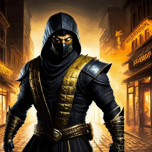 Prompt: Full-length concept portrait of Scorpion from Mortal Kombat in dim lit street background, perfect composition, hyper-realistic, super detailed, 8k, high quality, trending art, trending on artstation, sharp focus, intricate details, highly detailed by Emerson Tung