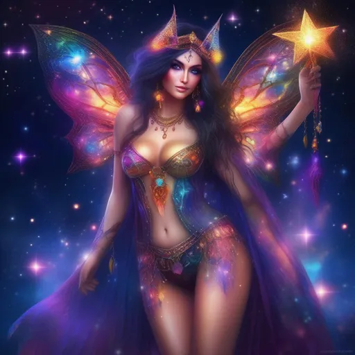 Prompt: A complete body form of a stunningly beautiful, hyper realistic, buxom woman with incredible bright, wearing a colorful, sparkling, dangling, glowing, skimpy, boho, goth,  flowing, sheer, fairy, witch's outfit on a breathtaking night with stars and colors with glowing, detailed fantasy sprites flying about