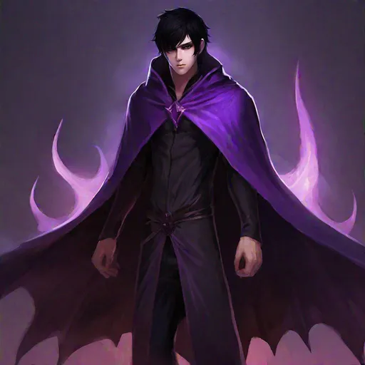 Prompt: Desmosin (male, black hair, purple eyes) wearing a cape, demon