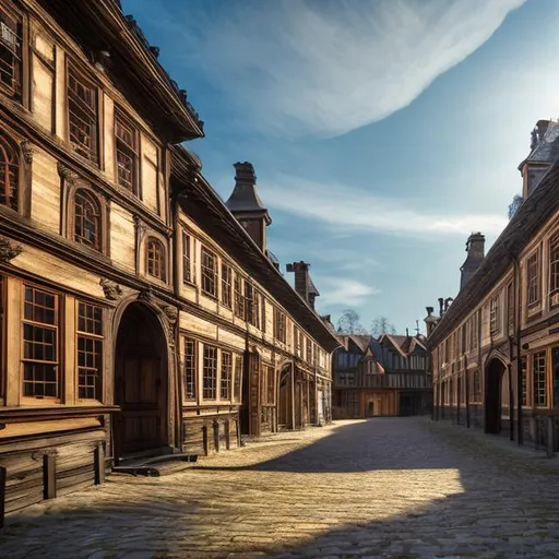 Prompt: Big dark wood big buildings with road in the 1700s wooden carriges nice daylight, nice weather light blue sky high resolution 4k