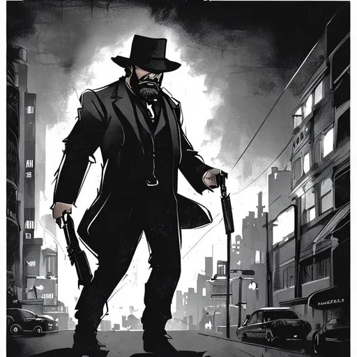 Prompt:  a muscular, bearded man dressed like a detective in a noir style