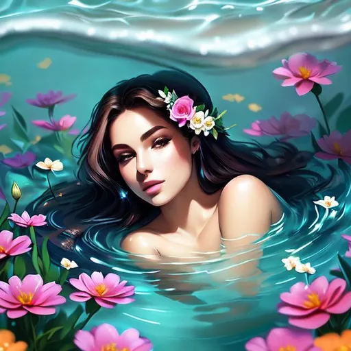 Prompt: Ophelia drowning, flowers in water, siren ,facial closeup
