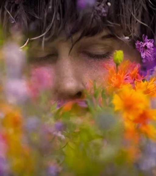 Prompt: Face covered in flowers abstract sad monotone 