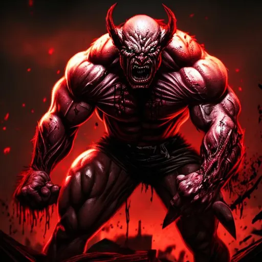 Prompt: Enraged Angry demon, muscular ,blood demon , low light 