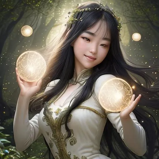 Prompt: Zoom in Portrait Very beautiful girl with asian features surrounded by many floating orbs of pale light (Masterpiece), gentle eyes and smile, gentle sparks of light, black hair, (Masterpiece), in a beautiful garden at night,  very beautiful girl, fantasy, beautiful dancing pose, medieval castle in the background, realistic flowers and plants,, constellation-like design Dress, in forest lovely dark hair, cinematic light, beautiful girl, beautiful eyes, long hair, perfect anatomy, very pretty, princess eyes, fantastic, stylised animation, bioluminescent, life size, 32K resolution, human hands, mysterious shape, graceful, almost perfect, dynamic angles, highly detailed, figure sheet, concept Art, smooth, symmetrical, balanced placement, fashion pose, 20s beauty, great hair, overhead space