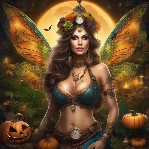 Prompt: Wide angle. (Ultra-precise depiction), (Ultra-detailed depiction), (best quality beautiful and aesthetic:1.2) Halloween night.  Shes a ((colorful. steam punk, belly dancer Witch). A (spectacular intricate), winged. Cannabis fairy. A very beautiful,  buxom,  shapely woman. {{{{Anatomically real hands}}}}. (vivid colorful  extremely  bright eyes), (ultra detailed), (absurd res), Epic, ((masterpiece)).  Enscape render. {She is wearing a skimpy  colorful  gossamer flowing outfit}. {Sony a7 IV} , solo ((trending on Artstation)). 
