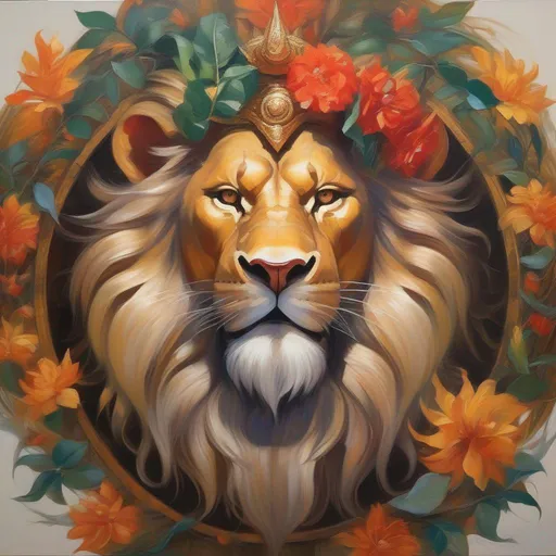Prompt: (masterpiece, thick oil painting, Dungeons & Dragons, best quality:1.5), beautiful portrait of a majestic & noble, deity [sun god] (Lion-Dragon Hybrid), peacefully smiling, flower wreath,