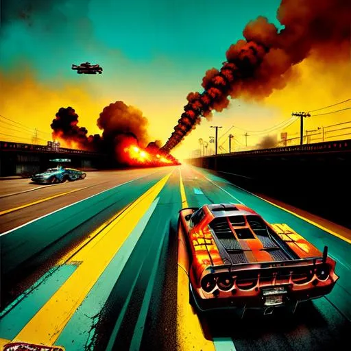 Prompt: Burnout Paradise, movie poster, urban setting, rusty industrial setting, cars crashing, explosions, turquoise sky, sepia tone, warm colors, japanese text, box art, extremely detailed painting by Greg Rutkowski