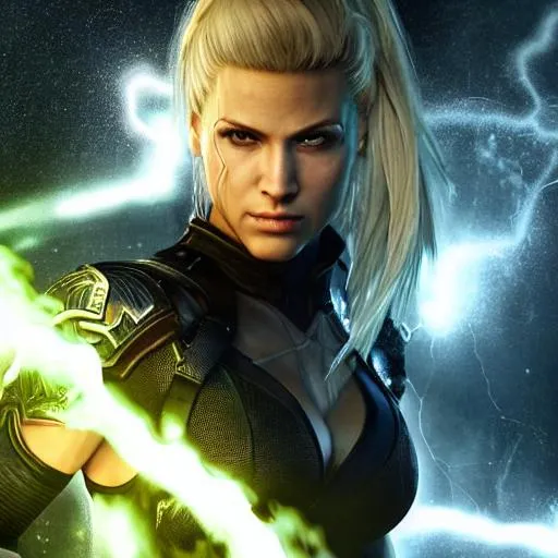 Prompt: realistic concept portrait of Sonya Blade a from Mortal Kombat, Lighting on body, howl with little shiny eyes, CGI style , unreal engine 5 , volumetric lighting and complimentary colors, 25 years old, perfect composition, beautiful detailed intricate insanely detail