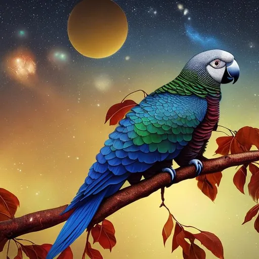 Prompt: An Blue Quaker Parrot that is glowing sitting in a tree, in a cherry forest, beneath the stars, highres, best quality, concept art