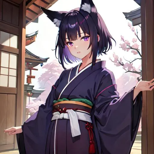 Prompt: male, short dark blue hair, purple eyes, fox ears, portrait, and comfy conservative clothes, outside a Japanese shrine