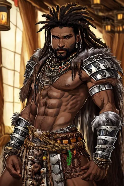 Prompt: Gruff male human, african warrior, stubble, brown eyes, grey dreadlock hair, scarred brown face, leather armor over chain armor, fur cloak, in an inn, wearing african jewels, muscular chiseled body, mystical eyes, rasta vibes