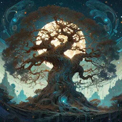 Prompt: "an ancient tree intertwined with the moon, starry sky, highly detailed, intricate motifs, organic tracery, perfect composition, digital painting, artstation, concept art, smooth, sharp focus, illustration, Carne Griffiths, pixar, Victo ngai, Jean Baptiste Monge, shiny aura, old but robust, bright but deep"