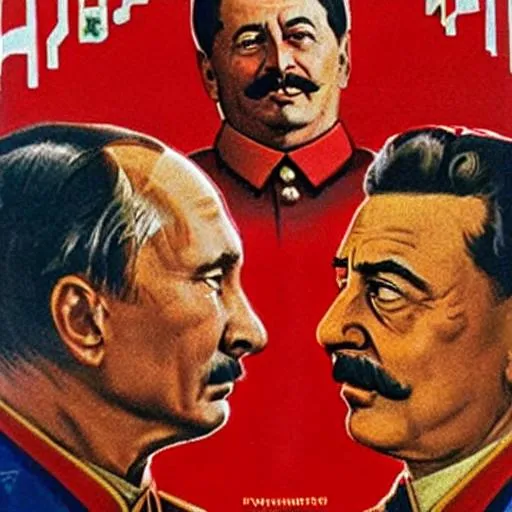 Prompt: Vladimir Putin Jossif Stalin as soviet propaganda poster