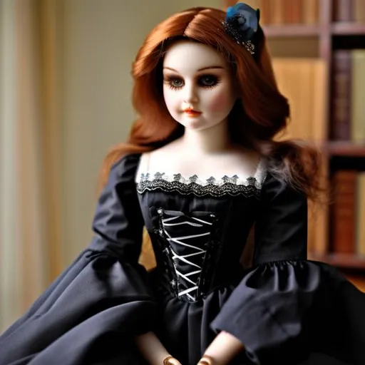 Prompt: A woman in a doll collection, turned into a porcelain doll wearing a victorian dress.