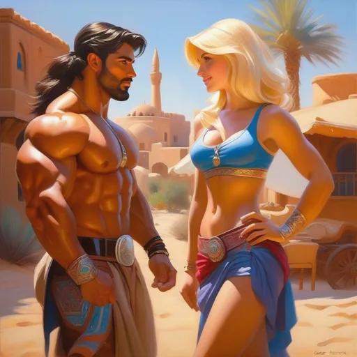Prompt: Buff Arab gigachad meets cute blonde American girl, 2050, cartoony style, extremely detailed painting by Greg Rutkowski and by Henry Justice Ford and by Steve Henderson 