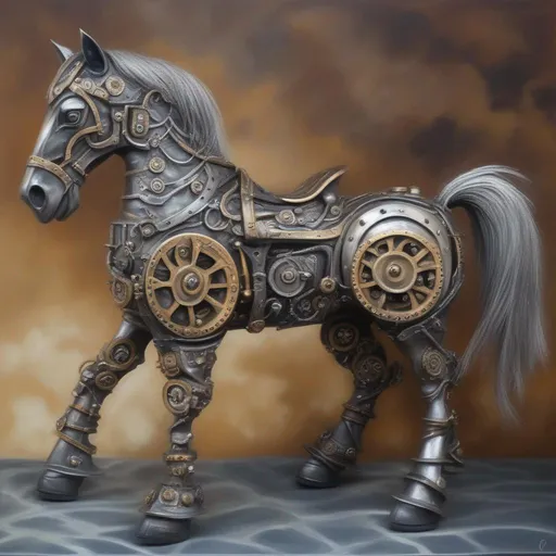 Prompt: Adamant Dwarven Horse, made out of bronze and silver, steampunk-like, gears and metal parts, masterpiece, best quality, in oil painting style