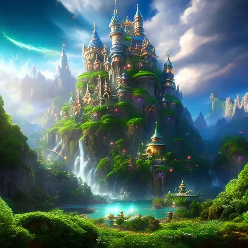 Prompt: {{{{highest quality absurdres best award-winning masterpiece}}}} {{best octane rendered stylized splashscreen trailer digital game art}}, epic cinematic landscape of hyperrealistic intricately hyperdetailed wonderful stunning beautiful lush green floating fantasy sky islands with a hyperrealistic intricately hyperdetailed perfect thin tall distant castle, in {{hyperrealistic intricately hyperdetailed perfect 128k highest resolution definition fidelity UHD HDR}},
hyperrealistic intricately hyperdetailed perfect wonderful natural stunning waterfalls and voluminous clouds,
hyperrealistic perfect epic cinematic composition with perfect vibrant colors and perfect shadows, perfect professional sharp focus RAW photography with ultra realistic perfect volumetric dramatic soft 3d lighting, trending on instagram artstation with perfect epic cinematic post-production
