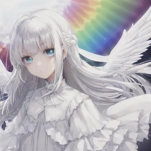 Prompt: white haired girl with beautiful eyes
white dress with hints of rainbow
angel wings with hints of rainbow soft mist