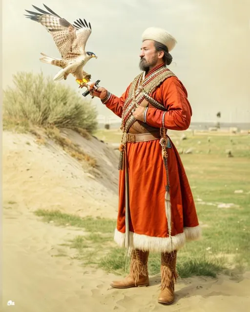 Prompt: a cossack with a falcon, symetric face