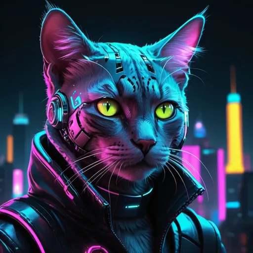 Prompt: Realistic cyberpunk illustration of a stylish cat, neon-lit cityscape, futuristic technology, sleek fur with neon highlights, intense and mysterious gaze, high-tech collar, highres, ultra-detailed, noir, cyberpunk, realistic, neon-lit, futuristic, stylish design, detailed eyes, professional, atmospheric lighting