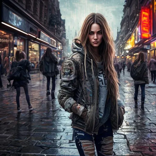 Prompt: highly detailed woman walk in town, highly detailed face, 64K, UHD, HDR, hyper realistic, 24mm, soft lighting, nikon z fx device, woman wearing random clothes, long shot type, city lights context, highly detailed clothes, highly detailed face, highly detailed eyes, long hair, epic composition, high resolution scan, absolutely real, epic proportion, 3D illustration, unreal engine.