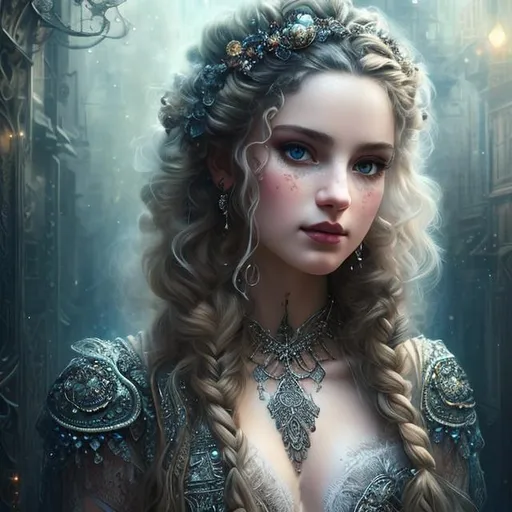 Prompt: Insanely detailed Portrait photograph of beautiful woman in rags, she has curly blonde hair and an ultra detailed face, lacy white clothes, symmetrical bright blue eyes, silver circlet, cleavage, soft face, deep colors, full moon lighting glow background, shadows, Breathtaking Fantasycore Artwork By Android Jones, Jean Baptiste Monge, Alberto Seveso, Erin Hanson, Jeremy Mann. Intricate Photography, A Masterpiece, 8k Resolution Artstation, Unreal Engine 5, Cgsociety, Octane Photograph, sharp focus