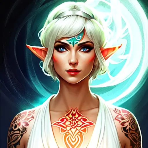 Prompt: elf, monk, glowing tattoos,  short hair, plain white robes, female, dnd, illustration, portrait, scars on face