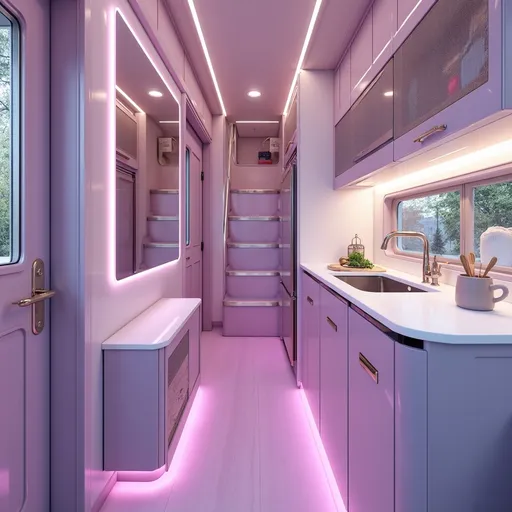 Prompt: A realistic RV Camper Interior Design: LILAC STATIC Entryway: Front-entry aisle lined with lilac-gloss wainscoting leads to a narrow loft staircase. A rectangular mirror edged in pink neon elongates the corridor, while a tiled cube near the door acts as both stool and catch-all. -Kitchenette: Lavender cabinetry with silver mesh inserts reflects subtle light. Pearl-white counters and an LED underglow add a futuristic touch.
