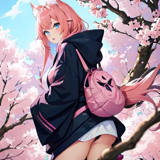 Prompt: Japan as a female human, 8k, UHD,  highly detailed, pink hair, blue eyes, cat ears, wearing a hoodie