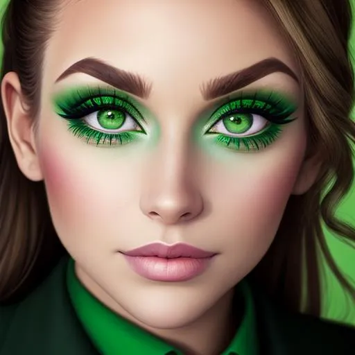 Prompt: A woman all in green,  large green eyes, pretty makeup