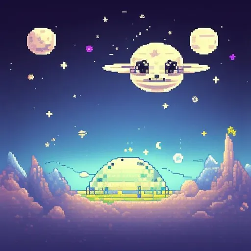 Prompt: mouse in starry space sky with moon, planets, ufo ship in pixel art