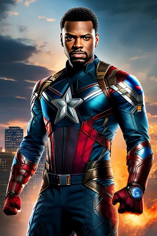 Prompt: High-resolution hyperrealistic image of blue-marvel adam-brashear merged with isaiah-bradley-black-captain-america, highly detailed, photorealistic, uhd, hdr, 64k