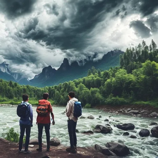 Prompt: a young men standing beside a river and watching beautiful and stunning nature with a big clouds and mountains 