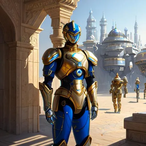 Prompt: create most beautiful photograph of most beautiful fictional, persian, human, robot, royal,soldier, blue, white, golden, futurism, extremely, detailed environment, detailed background, intricate, detailed skin, natural colors , professionally color graded, photorealism, 8k, moody lighting.