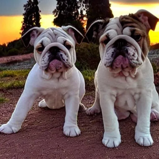 Prompt: pretty bulldog puppies with a sunset
