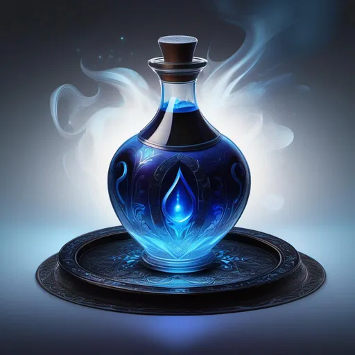 Prompt: A digital art of a magic blue magic potion in the middle center of a pitch black background by Greg Rutkowski