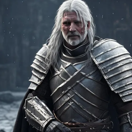 Prompt: grey-haired hardened knight with scars on face and robes covering armour and one eye white