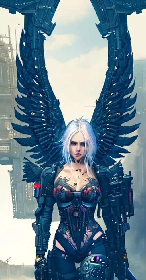 Prompt: Beautiful cyberpunk female with tattoos, apocalyptic, swords, guns, fire, anatomical, dark, gothic, mech, angel wings, battle backgrounds 