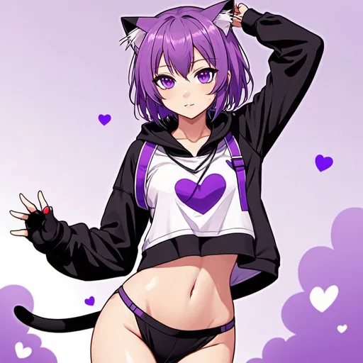Prompt: cute,anime,purple hair,cat girl,sweat shirt(black, with a purple line,crop top), collar(cat head out line), cute, fang, purple eyes, purple tail, Nekomata Okayu,anime style,straps
, body showen,in love,love,floating hearts,shorts, full body pic, all of the body in the pic