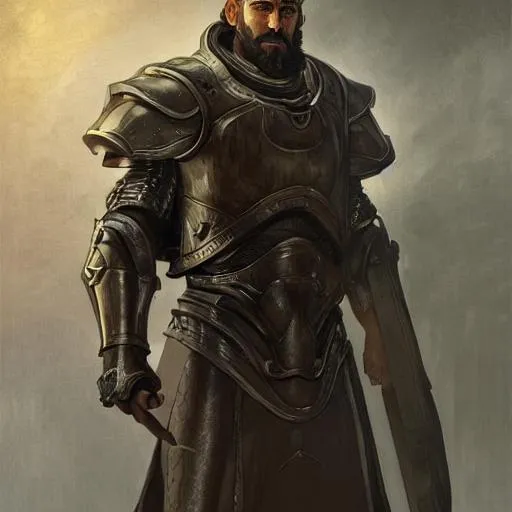 Prompt: medium-length portrait of a male paladin with short curly hair and a dark beard, dark brown skin, happy expression, wears a suit of power armor, medieval setting, highly detailed, digital painting, artstation, concept art, sharp focus, illustration, art by greg rutkowski and alphonse mucha