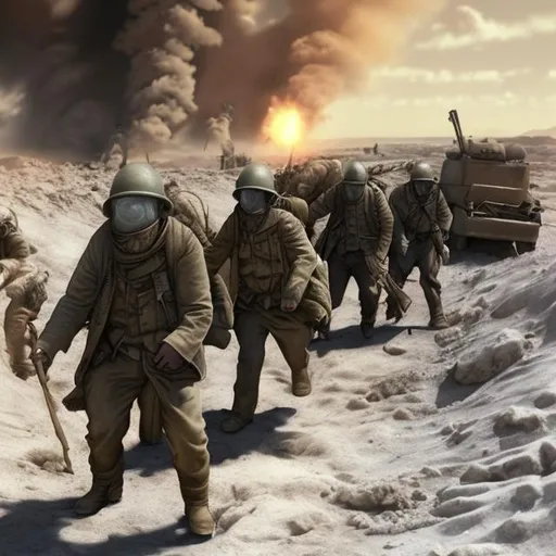 Prompt: trench warfare, scifi, realistic, gas attack, charge, desert, winter