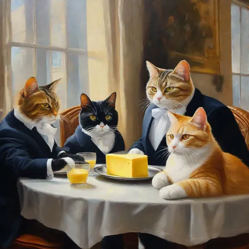 Prompt: breathtaking oil painting of a cats in suits sitting around a table eating butter and discussing business. Exquisite Detail Everything is perfectly to scale, Aesthetically Brilliant with a cool ambience HD, UHD, 8k Resolution, Vibrant Colorful Award winning 