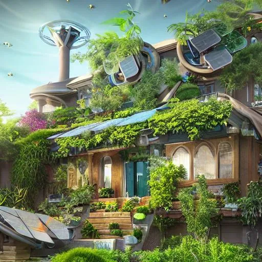 Prompt: solarpunk home, made from pearl material. Plants growing on the roof, solar panels, 4k, realistic, art station