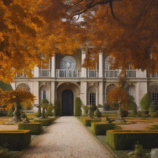 Prompt: Autumn court versailles likes ethereal Mystic and Majestic in ghotic Victorian architecture with warm colours likes autumn fallimng leafs  and beautifull paths and ponds in a well kept but still messy garden and still with an imperial feeling in the structure of the front of the building