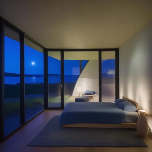 Prompt: A dwelling on the coast of maine, built of infrastructures of water, sunlight, and algae.  Ecologies in the late summer.  Photorealistic architectural photography.  Striking composition. Iwan baan.  Interior view, cozy sanctuary of a bedroom, bathed in indigo, starry sky and ocean horizon framed through windows.  Night time.  Long exposure