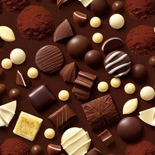 Prompt: "Chocolate shavings, various types of chocolate, cocoa powder, white chocolate candies,"